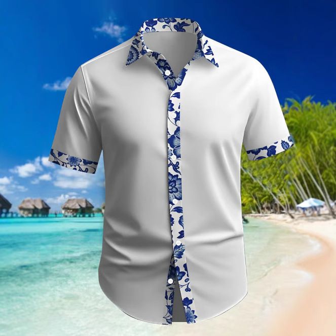 Summer Men's Wear Hawaiian Holiday Leisure Digital Printing Contrast Color Men's Short Sleeved Shirt_voghion.com