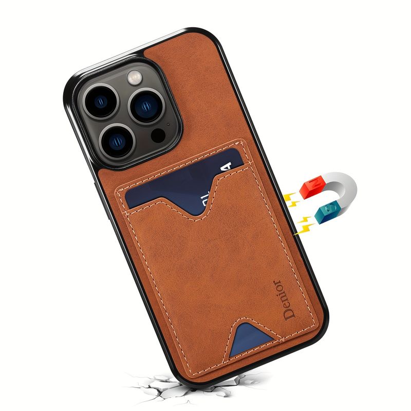 1 Card Slot Suitable For 15/ 14Plus/ 13Pro/ 12 Pro Max PU Leather Shock-absorbing Card Holder Phone Case Retro Design For Men For Women_voghion.com