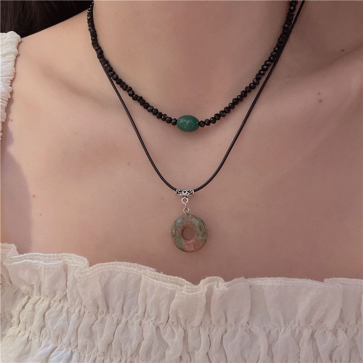Natural Stone Round Pendant Double Layer Vintage Handmade Necklace For Women Niche Bamboo Joint Clavicle Chain Ethnic_voghion.com