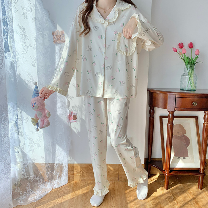 2023 neue Frühjahr Baumwolle kleine Flip Krawatte Spitze Strickjacke langärmeligen Set Pyjamas Frauen Hauskleidung kann getragen werden_voghion.com