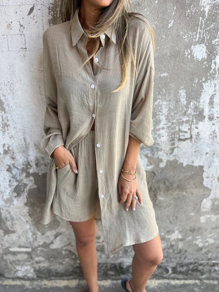 Conjunto de duas peças feminino casual de algodão e linho, cor sólida, manga comprida, camisa de tecido amassado, 2025_voghion.com
