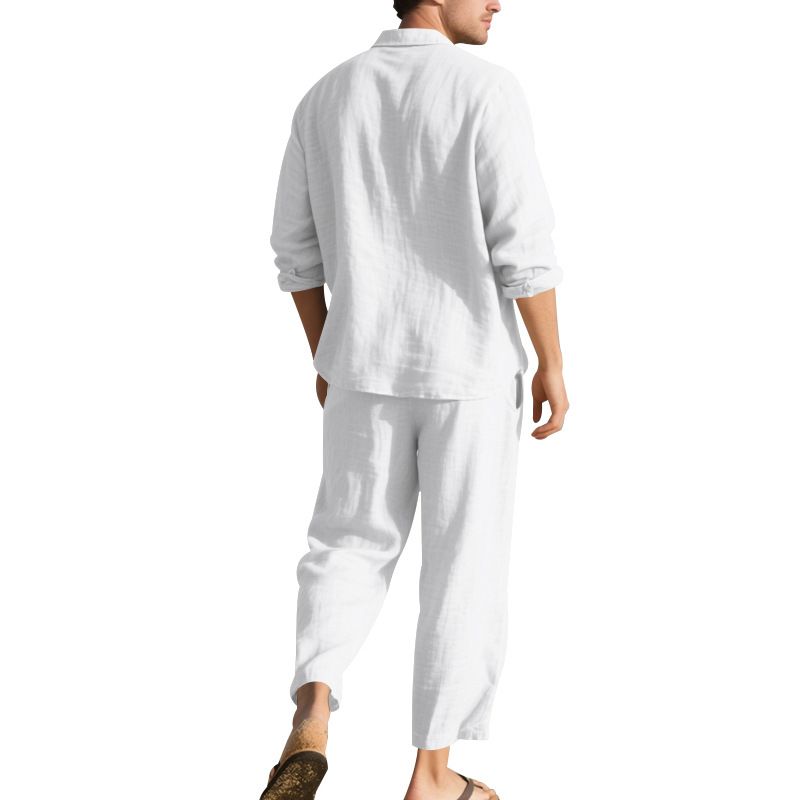 Completo da uomo in stile americano, casual, casual, da spiaggia, con protezione solare, a maniche lunghe e pantaloni, in lino, quattro stagioni_voghion.com
