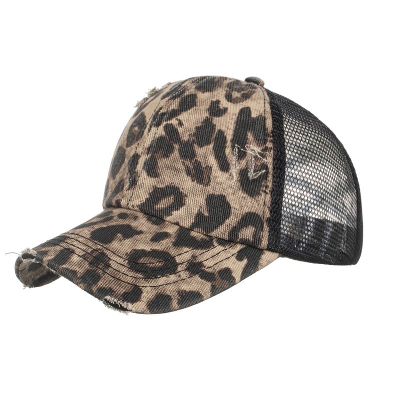 Boné de beisebol com estampa de leopardo grande, elástico, rabo de cavalo cruzado, faixa de cabelo B762_voghion.com