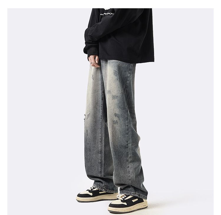 Amerikaanse Vintage Straight Loose Washed Denim Jeans Voor Heren, Herfst En Winter Ins Trendy High Street Broeken, Casual Wijde_voghion.com