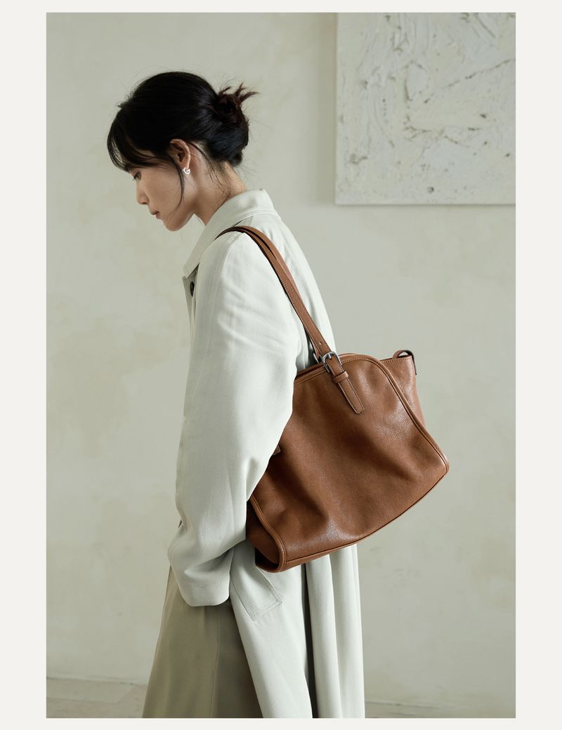 Vegetable Tanned Head Cowhide Leather Gold Spindle Bowling Handle Crossbody Bag, Genuine Leather Large Capacity_voghion.com