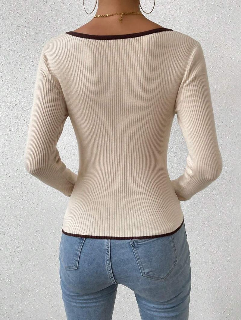 Pull tricoté à col en V pour femme, coupe ajustée, côtelé vertical, mode printemps-automne_voghion.com