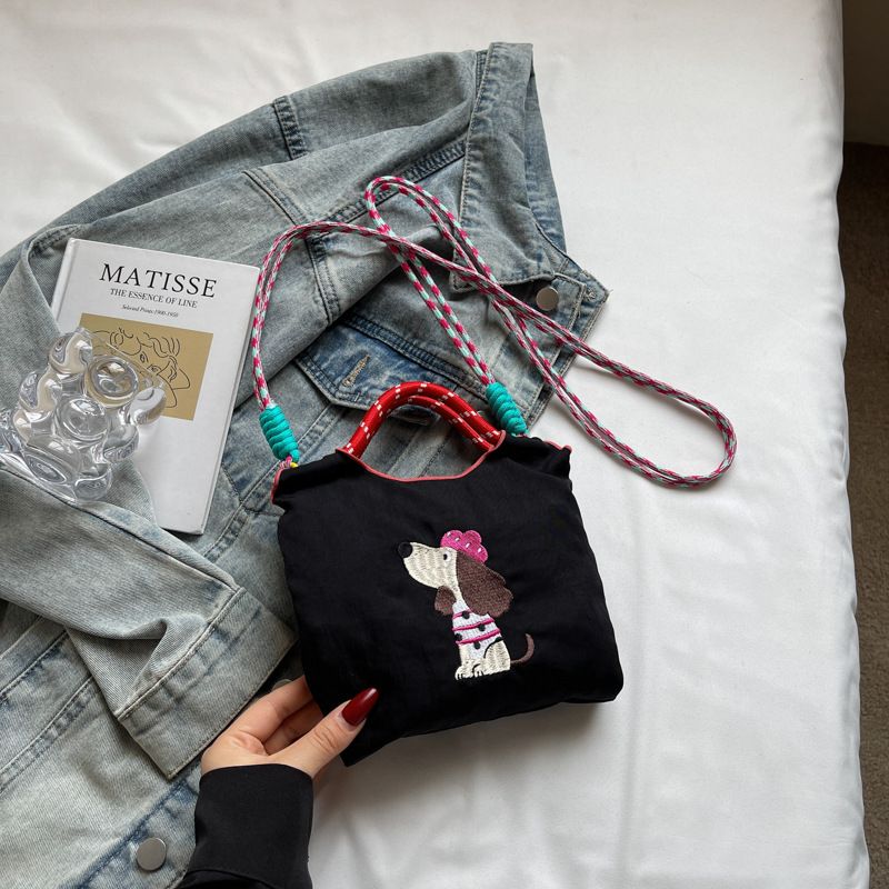 Single Shoulder Crossbody Canvas Phone Embroidered 2025 New Casual Travel Cute Dachshund Dog Bucket Bag_voghion.com