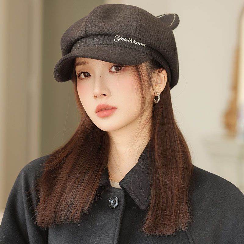 Cappello ottagonale da donna in stile britannico autunno inverno, grande circonferenza della testa, basco snellente, versatile, con orecchie da gatto_voghion.com