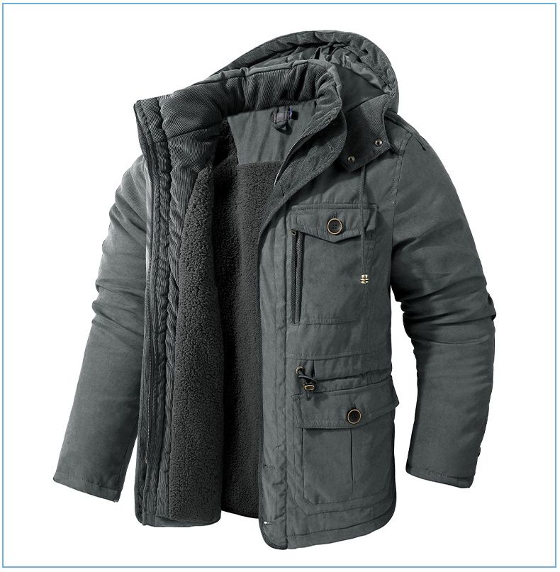 Men's Plus Size Shearling Hooded Cotton Jacket Thickened Multi-Pocket Cotton Top Casual Mid-Length Coat_voghion.com