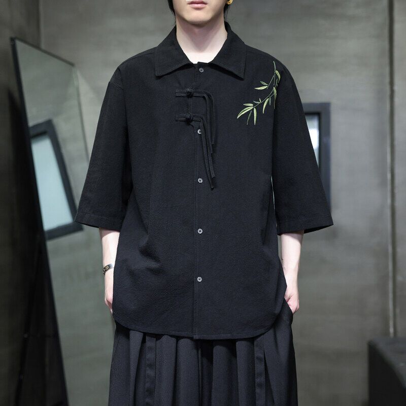 2025 Zomer Dunne Tang Kleding Hanfu Nieuwe Chinese Stijl Knopen Borduurwerk Top Losse IJs Zijden Korte Mouwen Shirt Voor Mannen_voghion.com