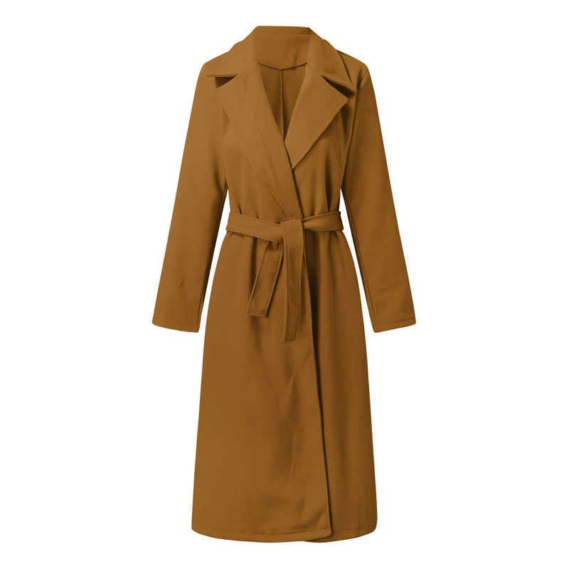 Autumn and winter women's solid color lapel long-sleeved woolen jacket simple strappy windbreaker_voghion.com
