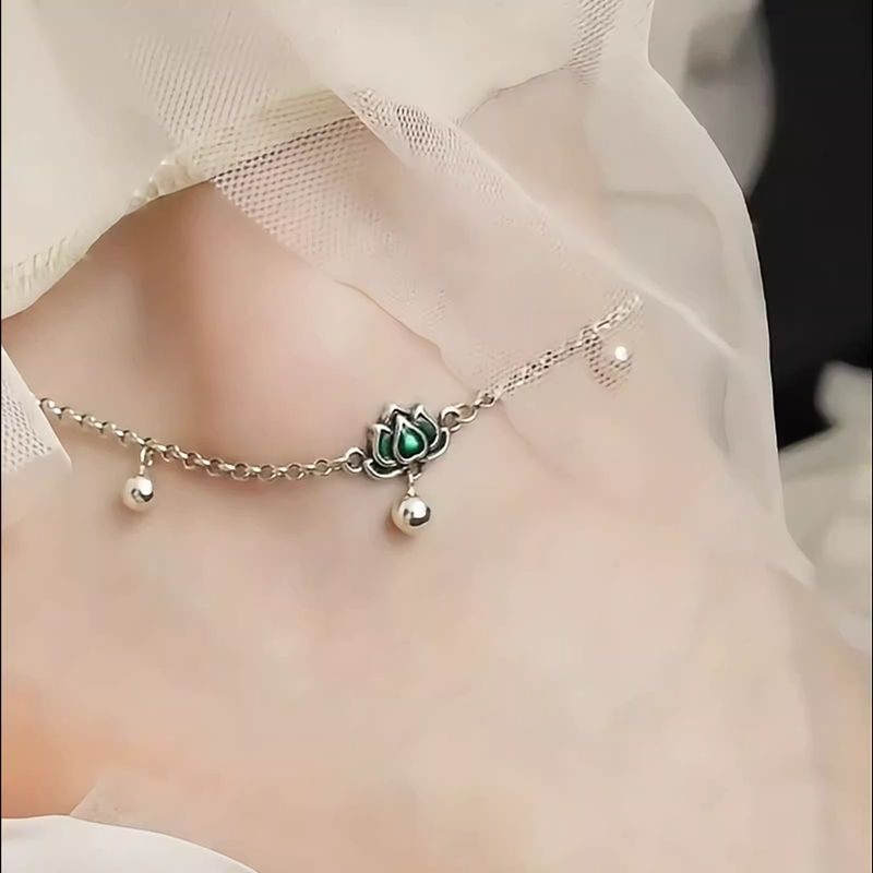 Nouveau bracelet de cheville chinois étape par étape en forme de cloche de niche en forme de lotus bleu, style ancien, perle de fortune, bijoux de pied_voghion.com