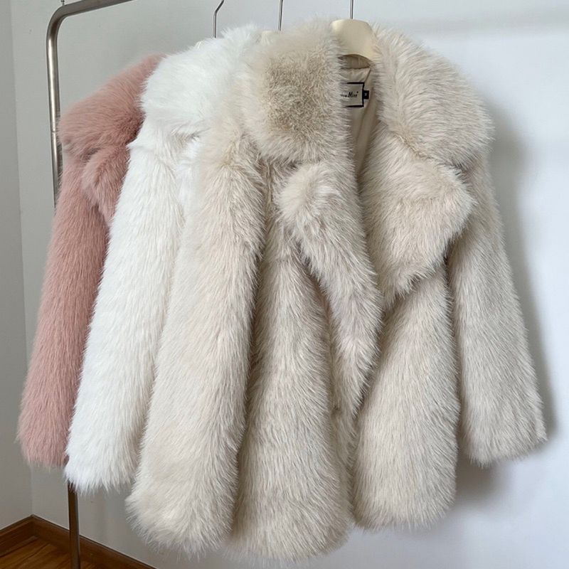 Cappotto di pelliccia sintetica di volpe di lusso - Giacca da donna di media lunghezza, taglia comoda (albicocca/bianco/nero/marrone, XS-XXL)_voghion.com