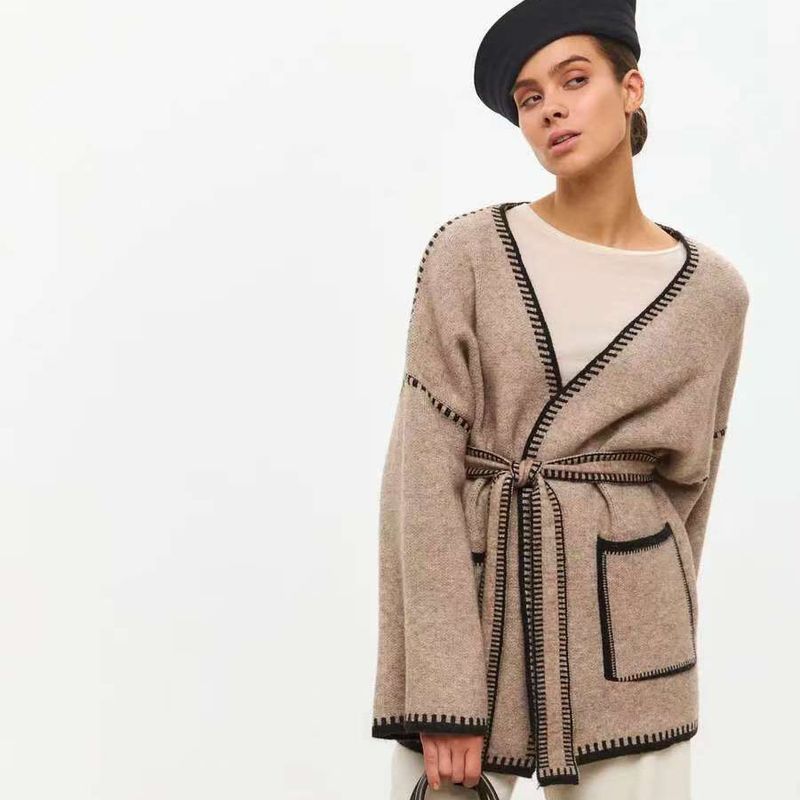 Elegant Belted Knit Cardigan - Oversized Longline V-Neck Sweater With Contrast Trim, Soft Lambswool Blend, Casual & Chic_voghion.com
