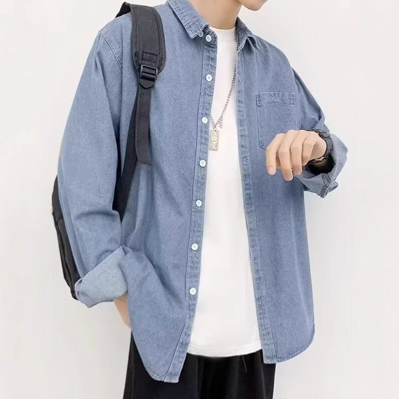 Camicia da lavoro a maniche lunghe in denim lavato da uomo, nuova tendenza primavera-autunno, casual, versatile ed elegante._voghion.com