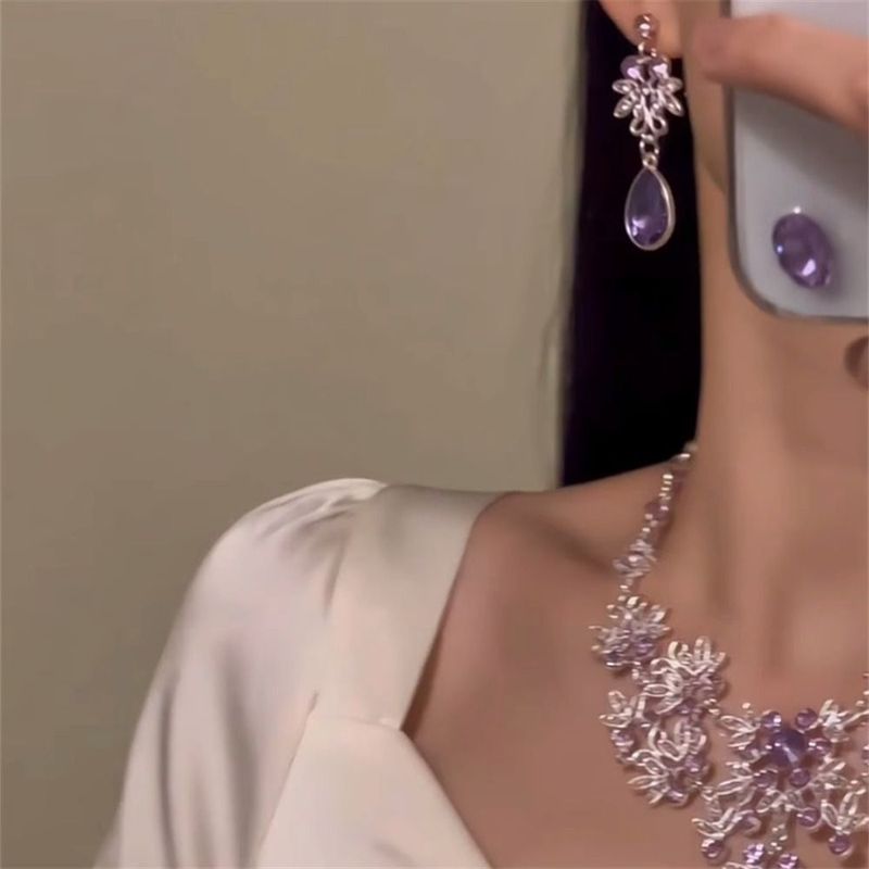 【 Collected By 1048 People 】 Purple Zircon Flower Necklace Earring Set For Women's Niche Design, High-end_voghion.com