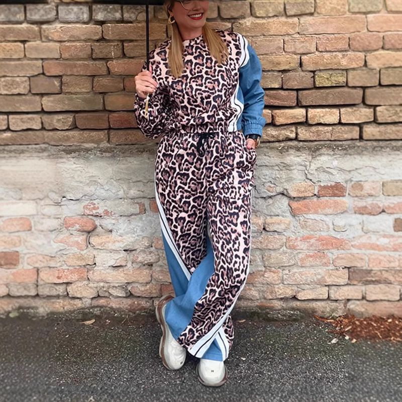 Women’s Clothing Spring And Autumn New Street Leopard Print Striped Color Matching Elastic Waist Loose Trousers Suit_voghion.com