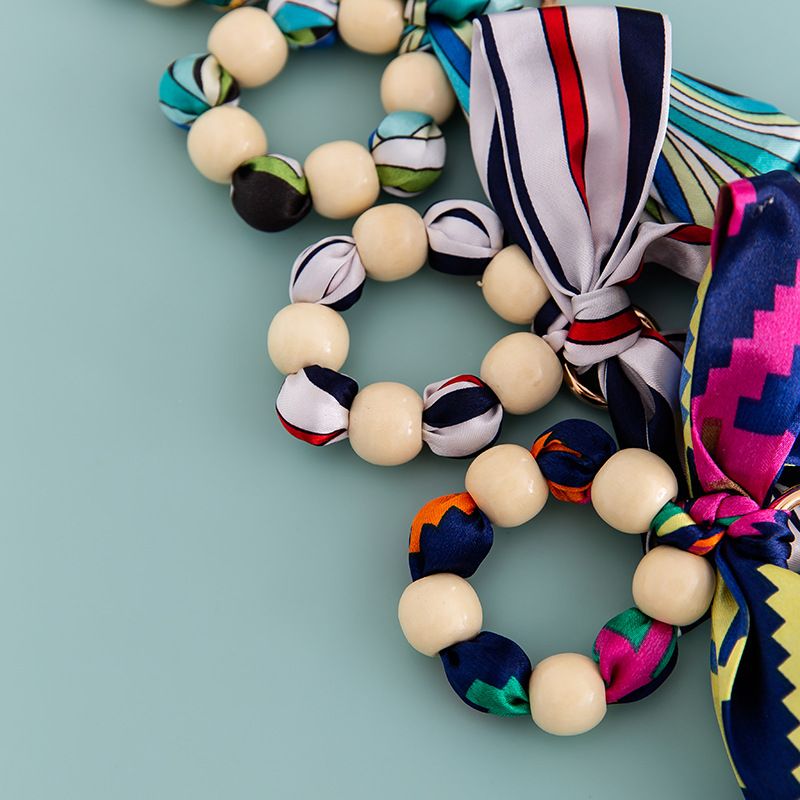 Creative Silk Scarf Bowknot Beaded Wooden Bead Keychain Couple Bag Decoration Accessories B346_voghion.com