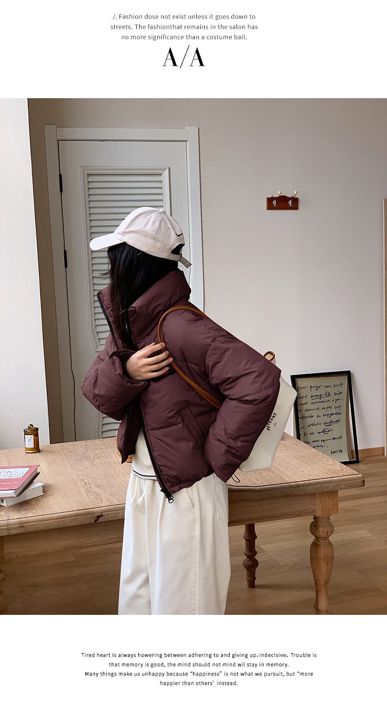 Women's Short Puffer Jacket With Stand Collar, Thickened Winter Coat, Fashionable Quilted Outerwear For Petite, Urban Commuter Style_voghion.com