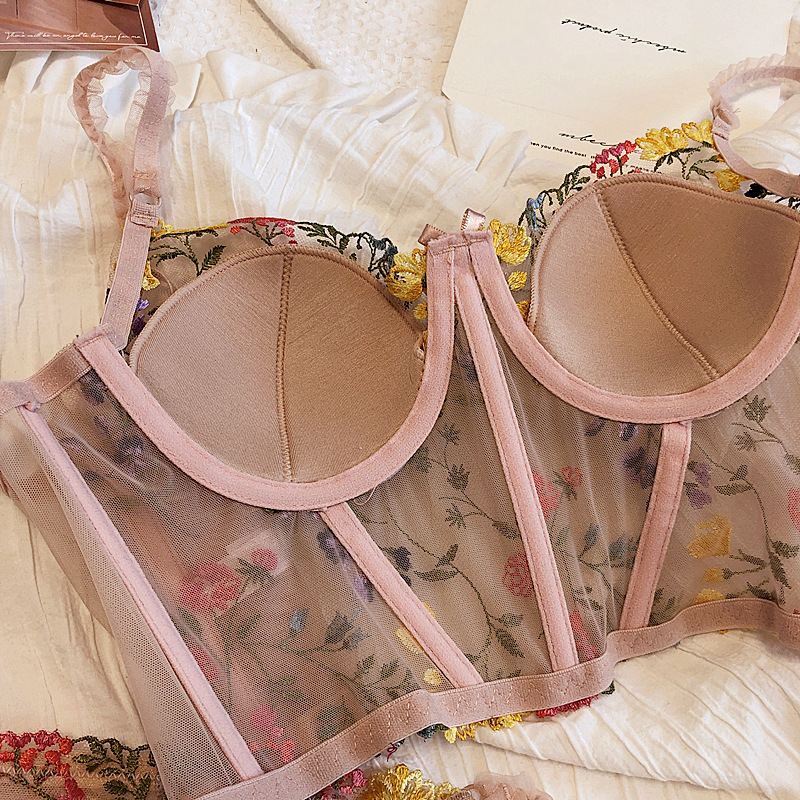 Set reggiseno e slip ricamati estesi a 6 seni, intimo femminile in pizzo floreale Push up femminile in cotone sottile con coppa_voghion.com