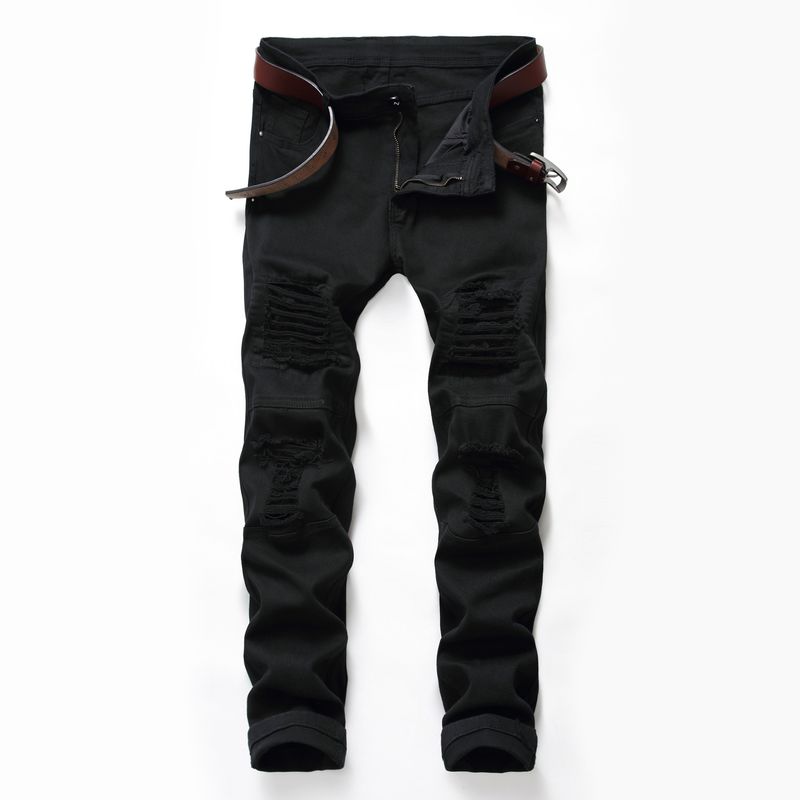Jeans för män Elastiska små raka smala herrbyxor Rippade svarta jeans _voghion.com