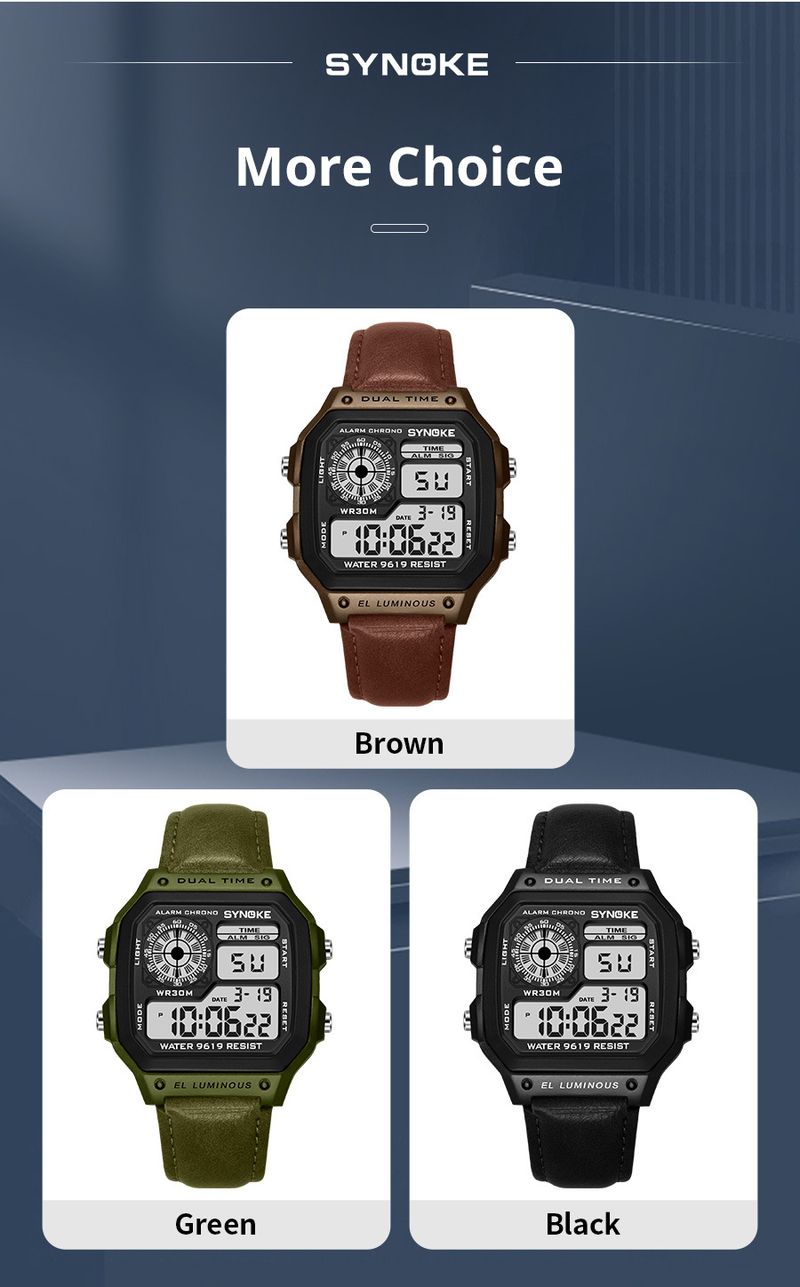 Retro Classic Square Digital Watch For Men With Leather Strap, Waterproof, Multifunction, Luminous Display, 30M Water Resistance Multi Function Square_voghion.com