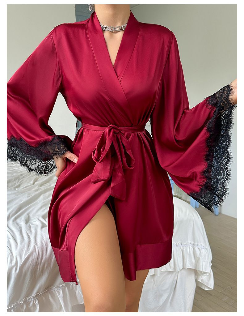 Europäische und amerikanische Cross Border Sexy Nachthemd Medium Bademantel Sexy Pyjamas Damen Langarm Damen Satin Home Kleidung Großhandel 735_voghion.com