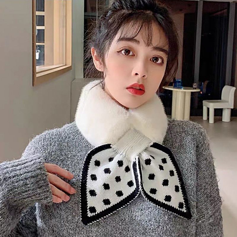 Drivedirect Women Scarf Plush Dot Print Fishtail Knot Solid Color Cross Keep Warm Fish Tail Shape Thicken Rabbit Fur Collar Scarf for Outdoor_voghion.com