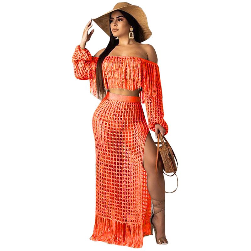 Conjunto de duas peças de saia de praia com borla de malha casual feminina_voghion.com