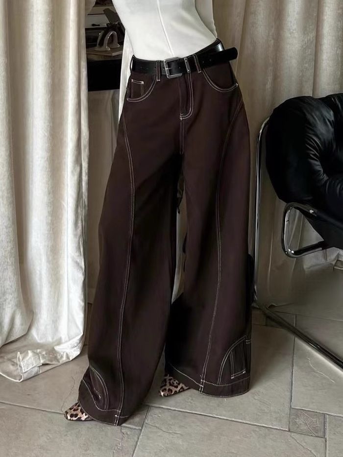 Retro Straight-Leg Jeans – High Waist Loose Fit Denim Pants (Vintage Brown Wash, Streetwear Staple, Non-Stretch Cotton Blend, Unisex Hip-Hop Style)_voghion.com