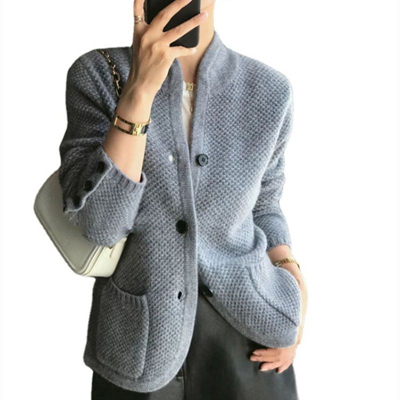 Stand-up Collar Design Sense Knitted Cardigan Temperament Casual Sweater Women's Jacket_voghion.com
