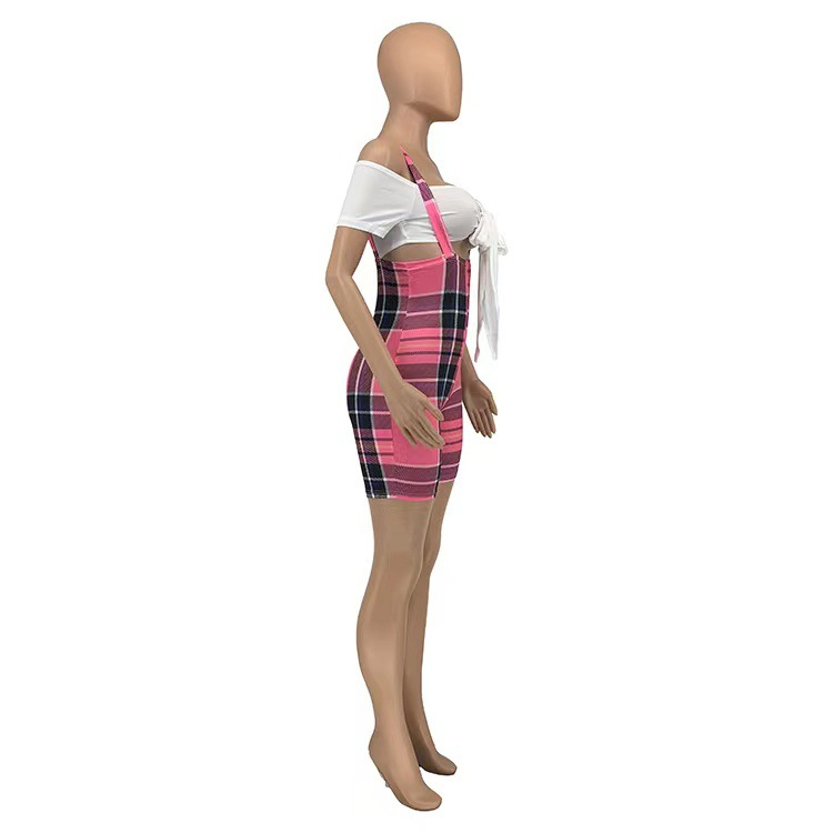 set di due pezzi di bretelle scozzesi da donna nuove moda casual estate_voghion.com