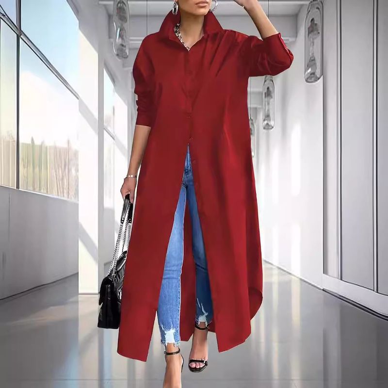 ChicShe 2024 Loose Women's Solid Color Turn-Down Collar Sleeve Pocket Plus Size European And American Style Long Dress_voghion.com
