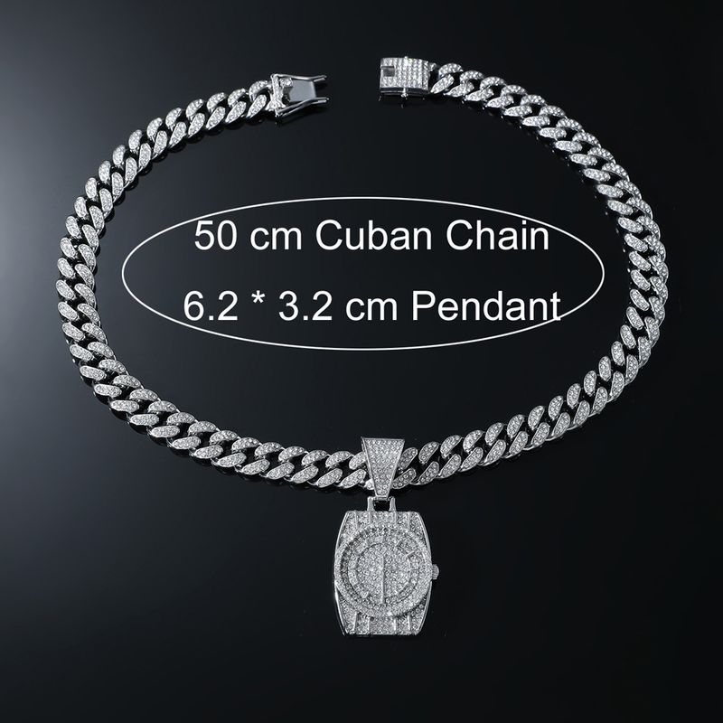Collana con ciondolo a forma di orologio con diamanti in stile hip hop europeo e americano, alla moda, esagerato, stile punk, catena cubana, catena per clavicola._voghion.com