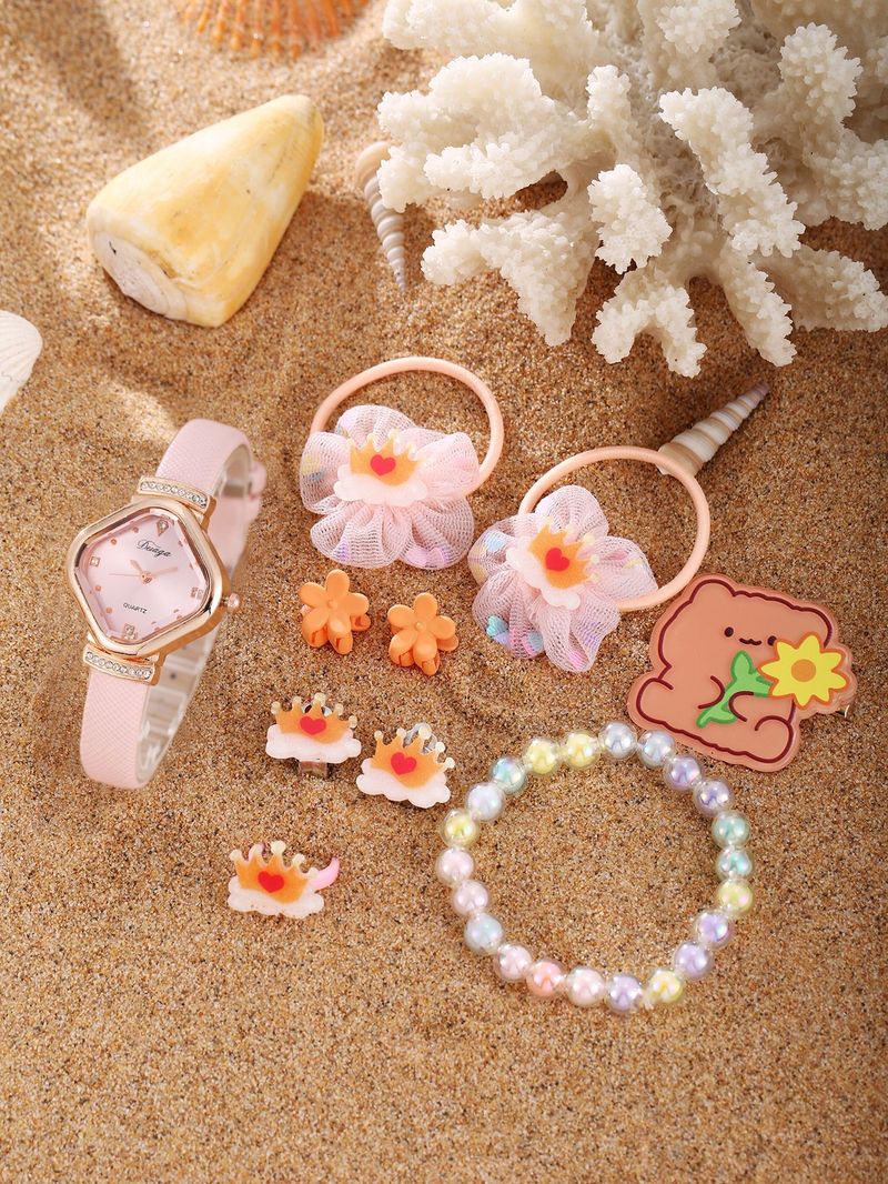 Damenuhr und Schmuckset, zartes süßes quadratisches Zifferblatt, Gürteluhr, Perlenarmband, Legierung, Schmetterlingsschmuckset_voghion.com