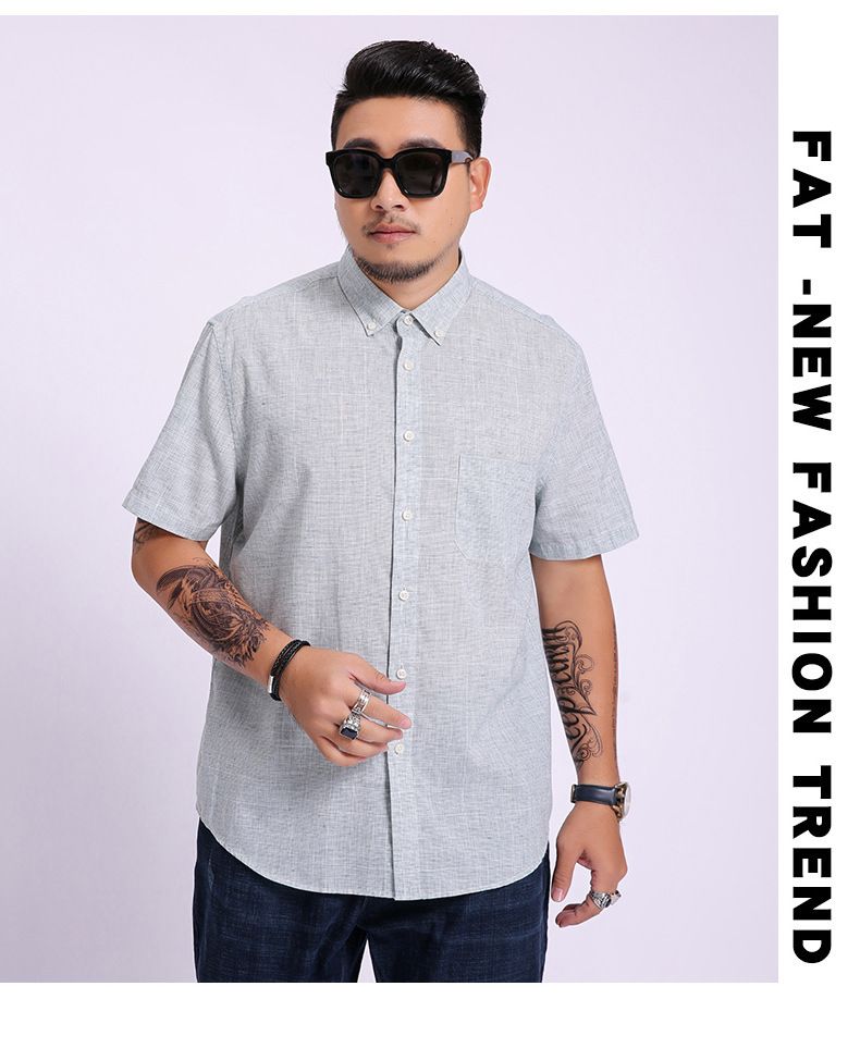 Camicia taglie forti da uomo, casual da lavoro, ampia, in lino tinto in filo, con risvolto, a maniche corte_voghion.com