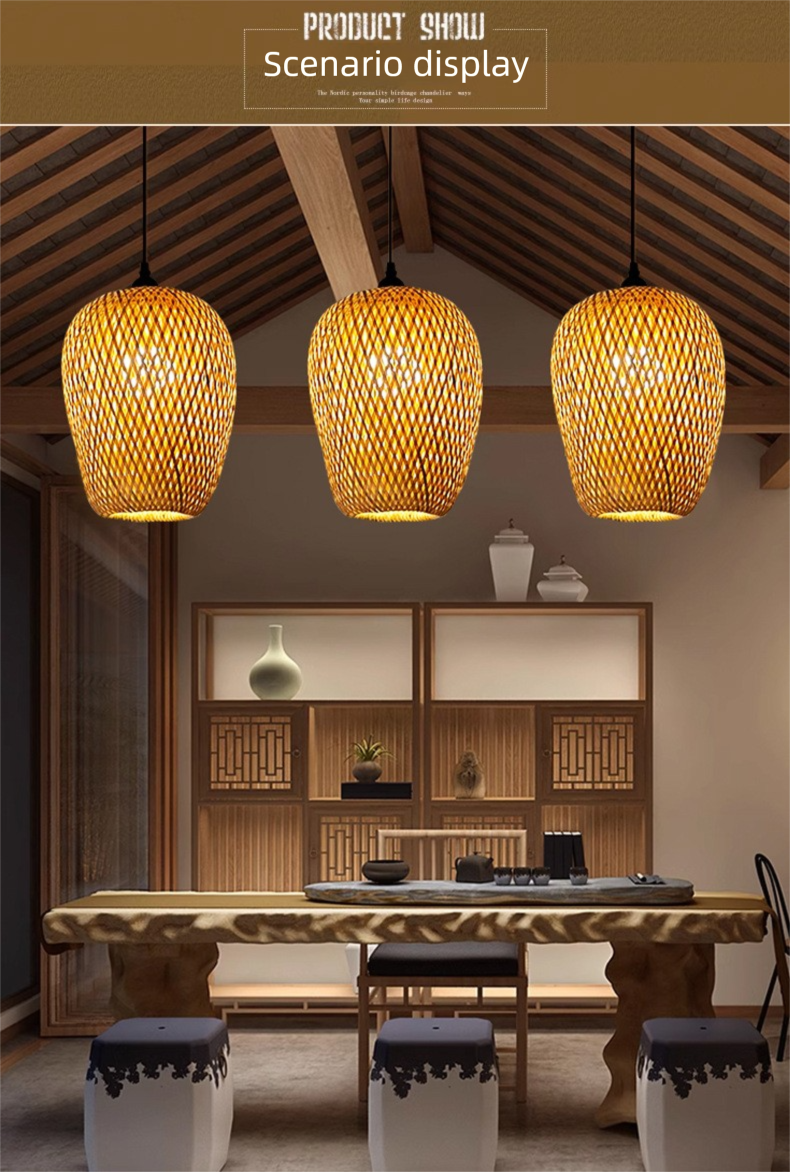 Bamboo Woven New Chinese Tea Room Zen Japanese Style Creative Personality Straw Hat Lamp Restaurant Pendant Light_voghion.com