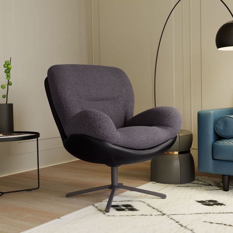 360° Swivel Accent Chair, Modern Chenille Lounge Chair With Faux Leather And Black Metal Base Frame, Comfortable Reading Chair For Small Spaces, Liv_voghion.com