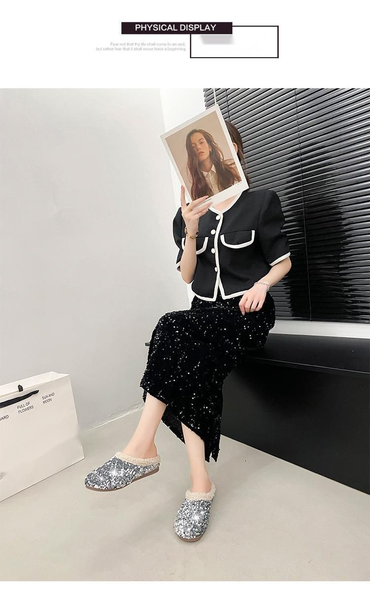 Women's Furry For Outdoor Wear, Plush Lined With Sequins, Autumn And Winter 2025 New Style, Fuzzy Cotton Slippers_voghion.com