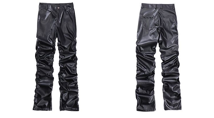 Herren High Street PU Schwarze Plissee Stacked Slim Fit Lederhose für Hip Hop Streetwear_voghion.com
