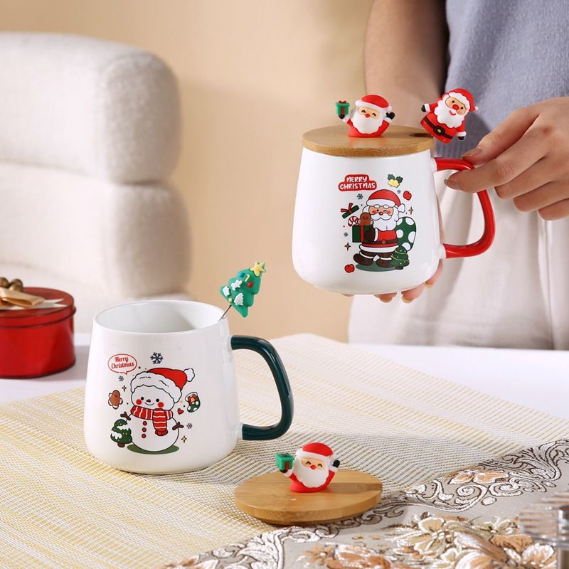 Kubek z pokrywką i łyżeczką, uroczy prezent świąteczny, wysokiej jakości ceramiczny kubek z wizerunkiem Świętego Mikołaja i łosia, pamiątka_voghion.com
