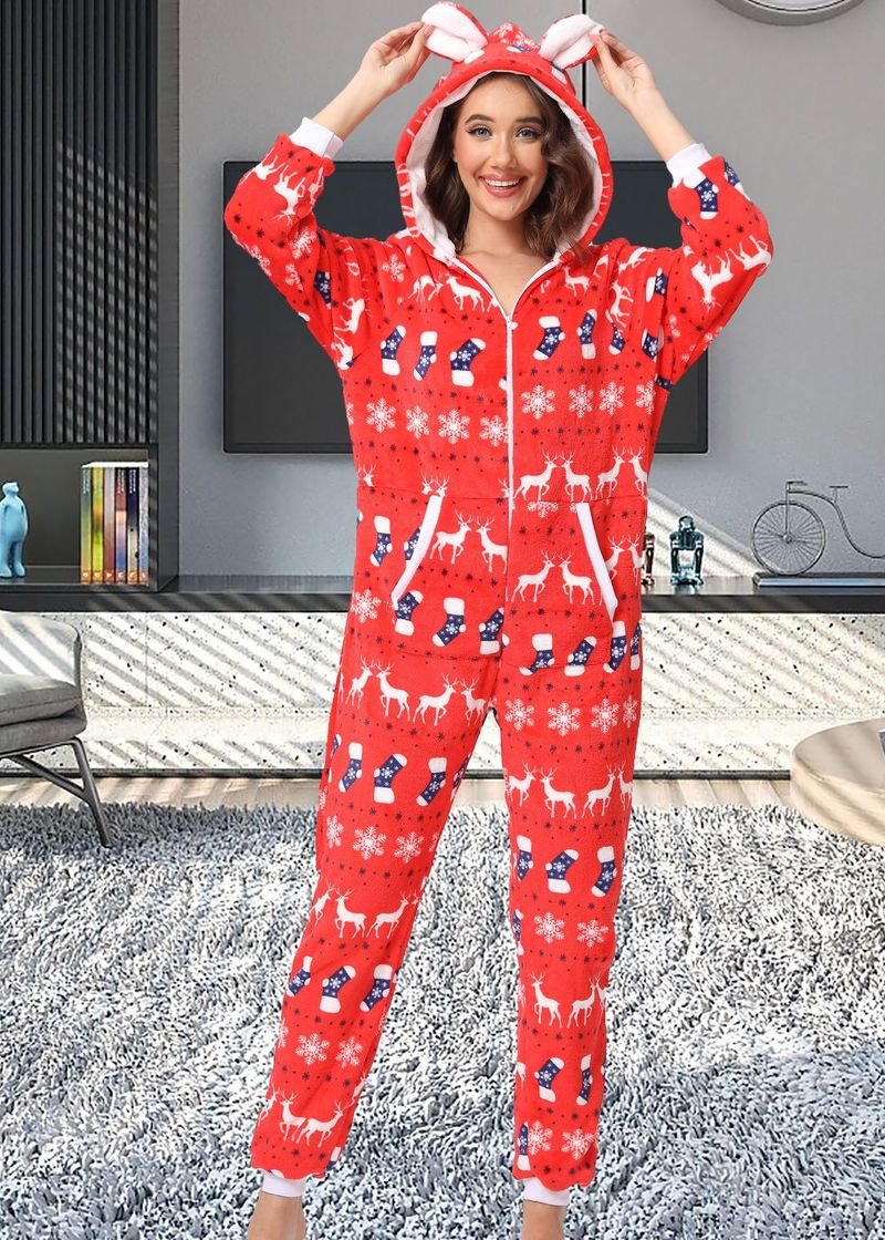 women's Christmas deer snowflake flannel hooded jumpsuit pajamas home clothes_voghion.com