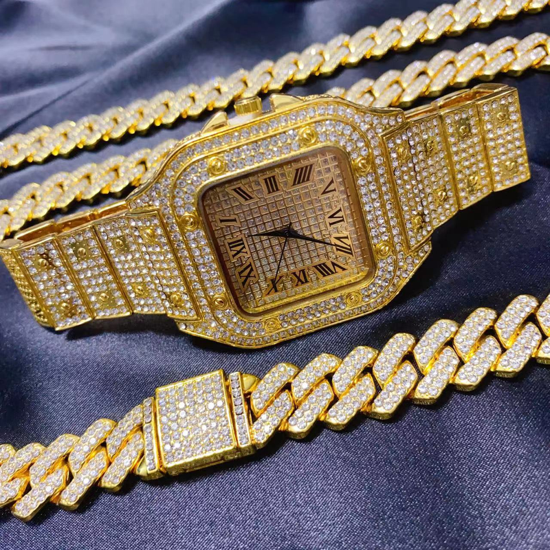 3PC Hip Hop Uhr Halskette Armband Schmuck Set für Männer Bling Gold Silber Diamant Iced Out Box Kubanische Kette relogio_voghion.com