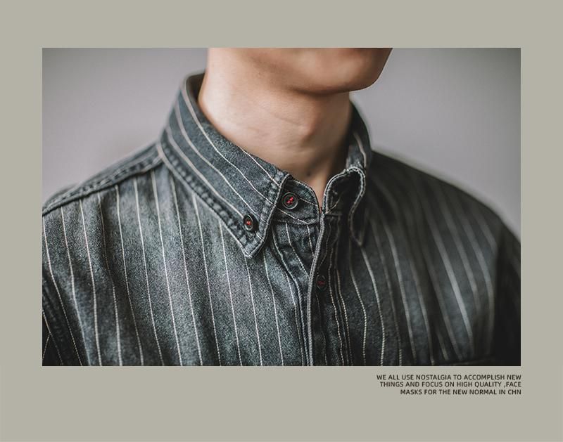 Camicia da lavoro in denim a righe verticali retrò da uomo, lavata, effetto consumato, a maniche lunghe_voghion.com