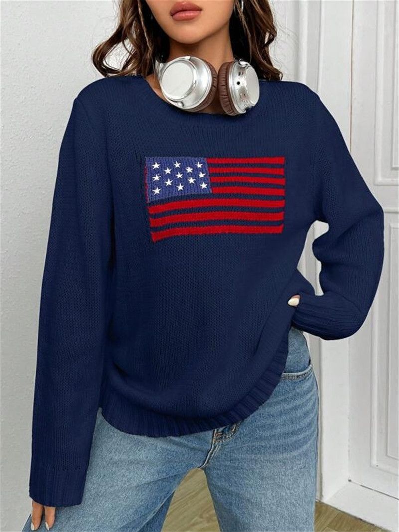 Women's Clothing New Loose Round Neck Flag Pattern Simple Versatile Knitted Sweater_voghion.com