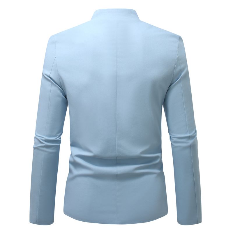 Blazer da uomo slim fit con collo alla coreana - Giacca casual in misto lino traspirante per tutti i giorni (blu navy, azzurro, kaki, verde)_voghion.com