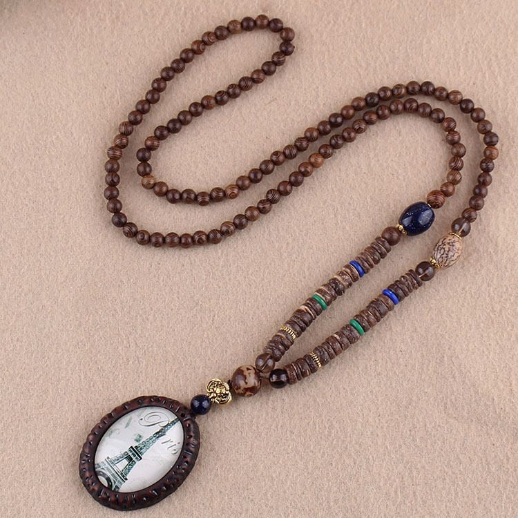 Collana lunga per maglione in stile etnico, ciondolo Bodhi, collana con perline di legno, accessori con ciondolo in cotone e lino per uomo e donna_voghion.com