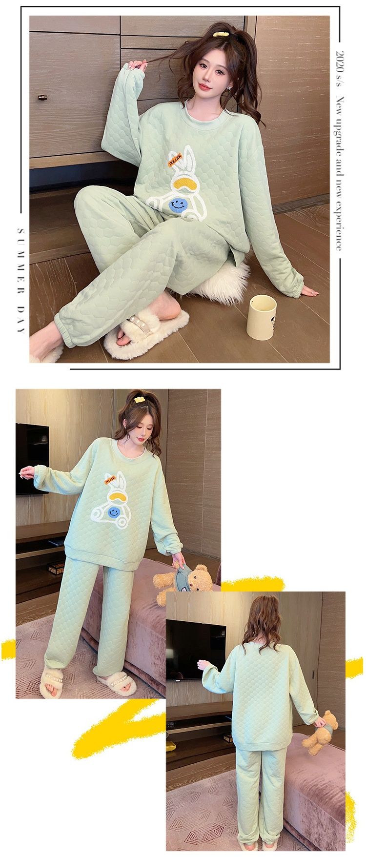 cotton sandwich pajamas women, sweet cartoon long sleeved pants autumn and winter, plus size 230 pounds home_voghion.com