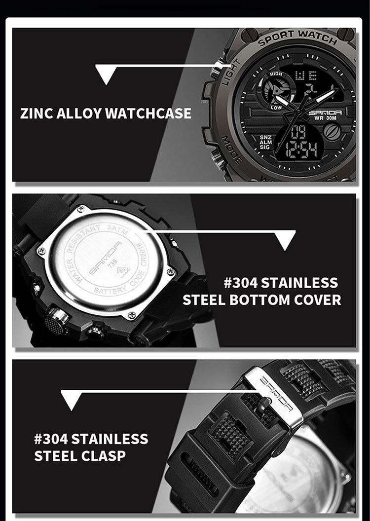 Sanda 739 montre électronique étanche multifonctionnelle à double affichage pour étudiant masculin avec grand cadran Sanda_voghion.com