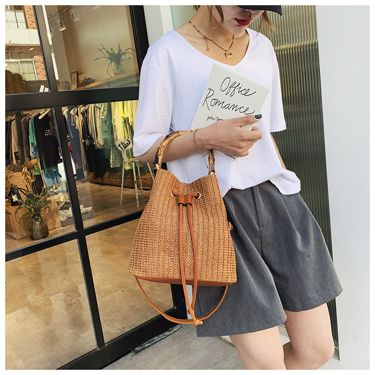 Fashionable Woven Bag Korean High-end and Versatile Bucket Bag Spring and Summer 2024 New Fabric Bag Crossbody Bag Women's Handbag_voghion.com